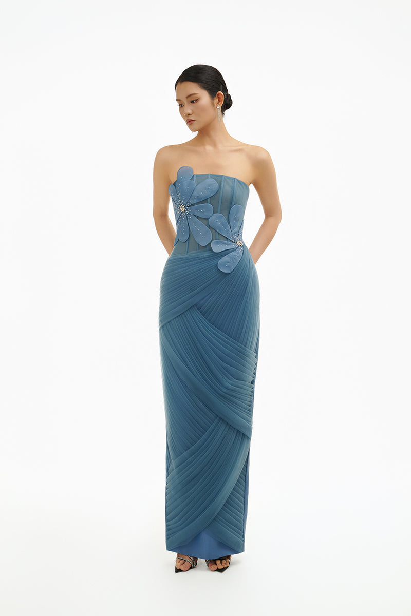 BLUE 3D FLORAL DRAPED MAXI DRESS | CULT MIA