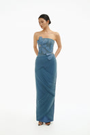 Blue 3D floral draped maxi gown by Happy Clothing, featuring flowing fabric and intricate floral detailing.