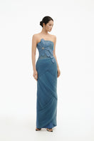 Blue 3D floral draped maxi gown by Happy Clothing, featuring intricate floral details and flowing fabric for elegant style.