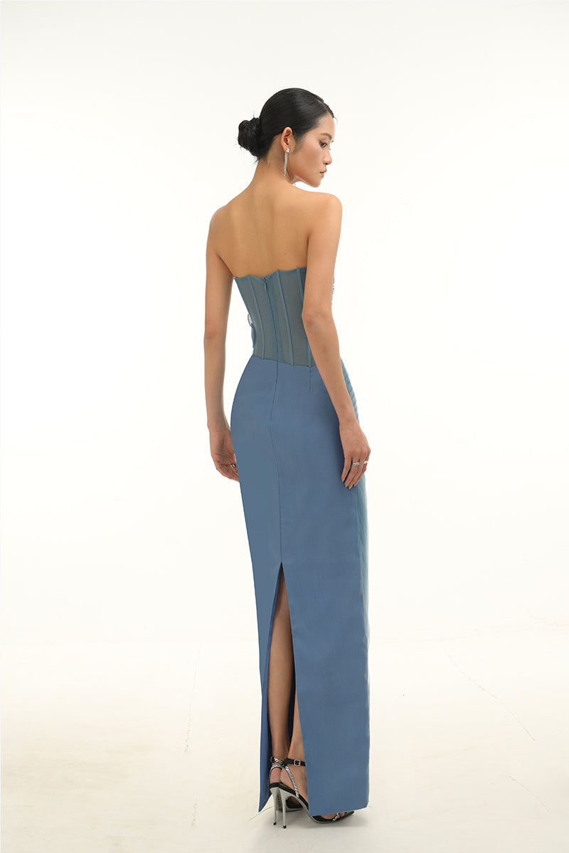 Blue 3D floral draped maxi gown from Happy Clothing featuring elegant, flowing fabric and intricate floral detailing.