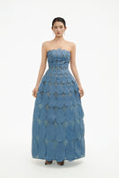 Blue 3D petal sculpture maxi gown by Happy Clothing, flowing elegant dress with intricate petal details and a flattering silhouette.