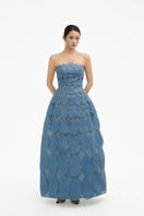 Blue 3D petal sculpture maxi gown by Happy Clothing, elegant flowy dress with intricate petal detailing and a stylish silhouette.