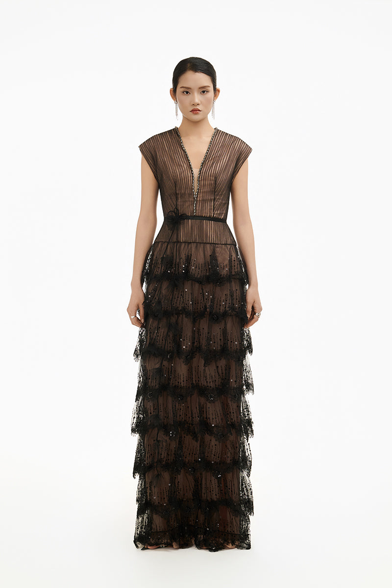 Dark Romance sheer layered maxi dress by Happy Clothing, flowing gown with delicate fabric and layered design for elegant evening wear.