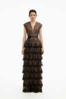 Dark Romance sheer layered maxi gown by Happy Clothing featuring flowing fabric and elegant design, perfect for formal occasions.