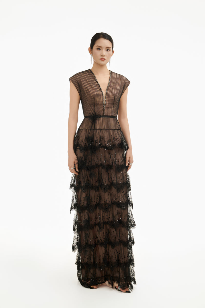 Dark Romance sheer layered maxi dress by Happy Clothing, flowing gown with layered fabric and elegant design, perfect for evening wear.