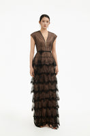 Dark Romance sheer layered maxi gown by Happy Clothing featuring flowing fabric and elegant design, perfect for formal occasions.