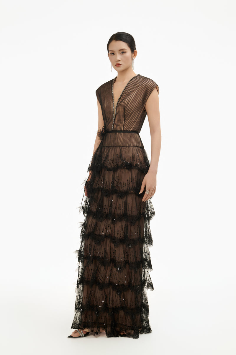 Dark Romance sheer layered maxi gown by Happy Clothing featuring flowing fabric and elegant design for formal occasions.