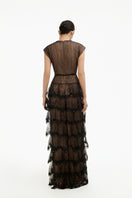Dark Romance sheer layered maxi dress by Happy Clothing, flowing gown with delicate fabric, perfect for elegant evening wear.