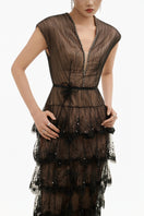 Dark Romance sheer layered maxi gown by Happy Clothing, flowing fabric with elegant layered design, perfect for formal occasions.