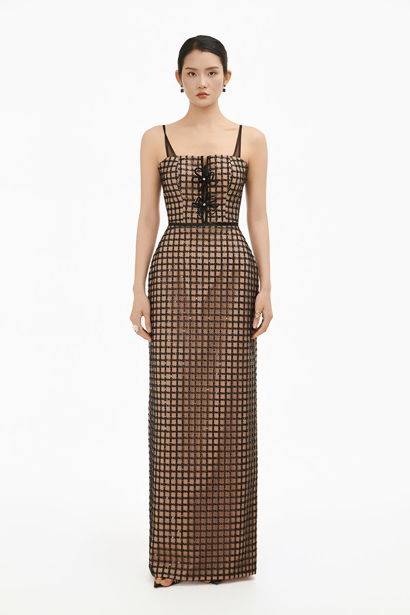 Elegant structured corset maxi dress by Happy Clothing, featuring a fitted bodice and flowing skirt in a sophisticated gown style.