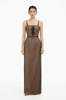 Elegant structured corset maxi gown by Happy Clothing featuring a fitted bodice and flowing skirt, perfect for formal occasions.