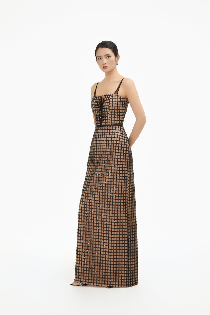 Elegant structured corset maxi dress from Happy Clothing featuring a fitted bodice and flowing skirt for formal occasions.