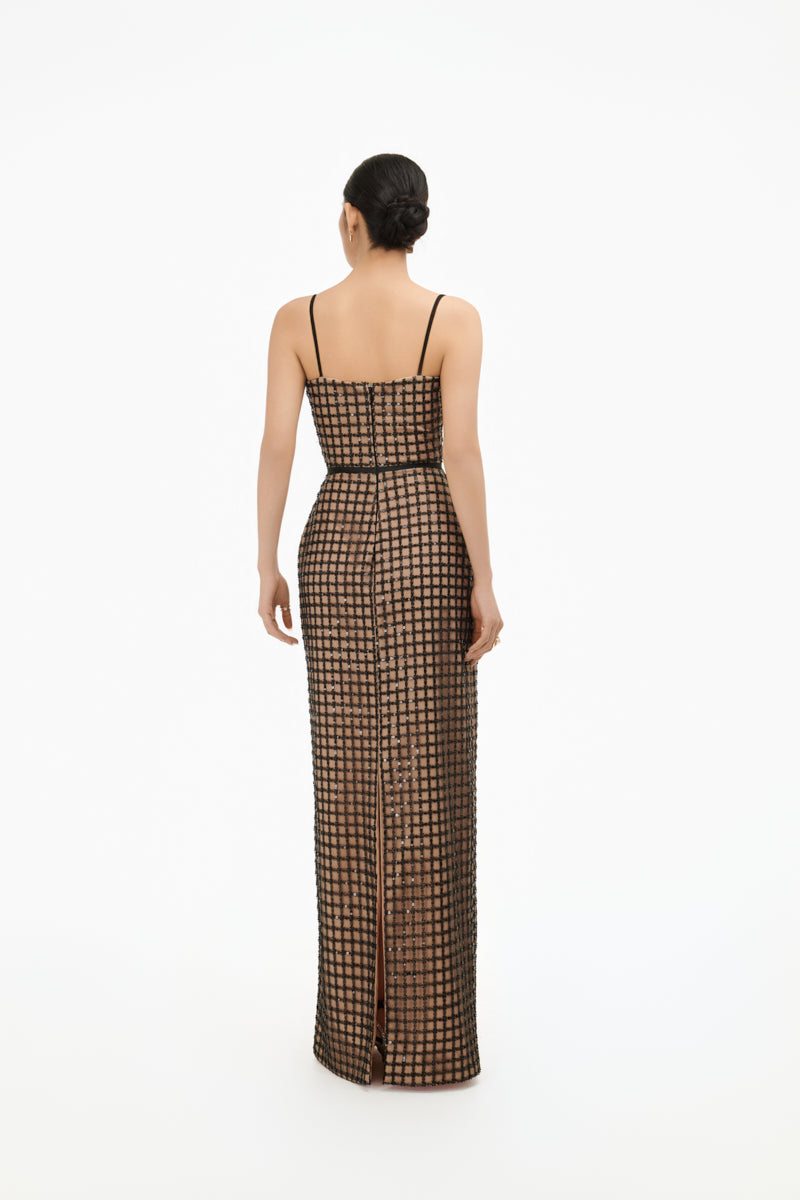 Elegant structured corset maxi dress by Happy Clothing, featuring a fitted bodice and flowing skirt, perfect for formal occasions.