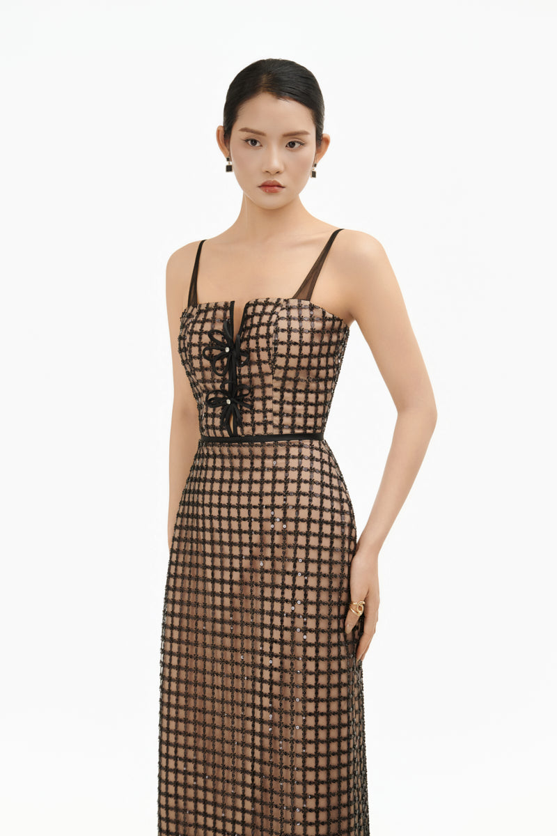 Elegant structured corset maxi dress by Happy Clothing, featuring a fitted bodice and flowing skirt, perfect for formal occasions.