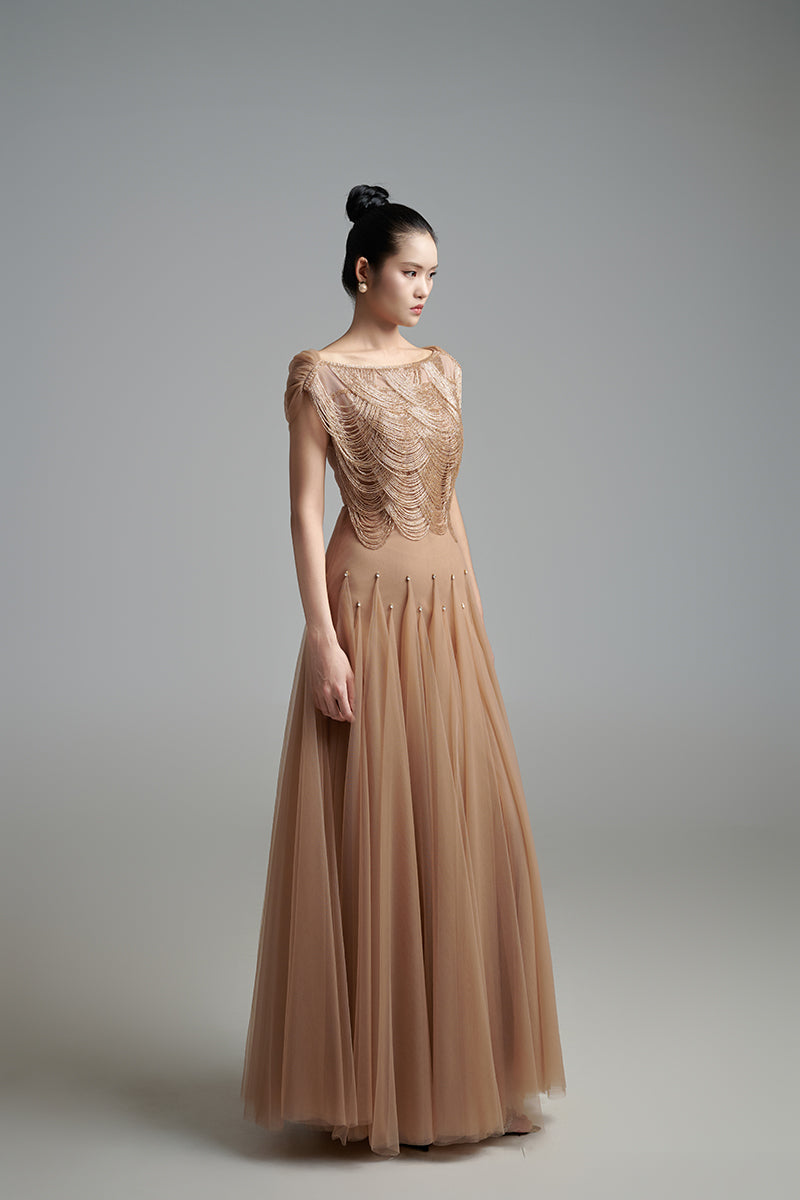BROWN MESH SILK MAXI DRESS - CULT MIA
