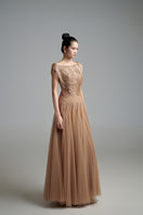Elegant brown mesh silk gown by Happy Clothing, featuring flowing fabric and intricate details for a luxurious look.