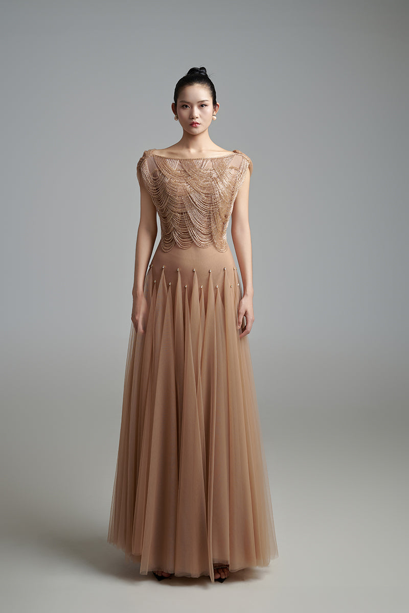 BROWN MESH SILK MAXI DRESS