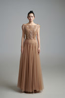 Brown mesh silk gown by Happy Clothing, flowing design with delicate mesh and silk fabric, elegant and lightweight for special occasions.