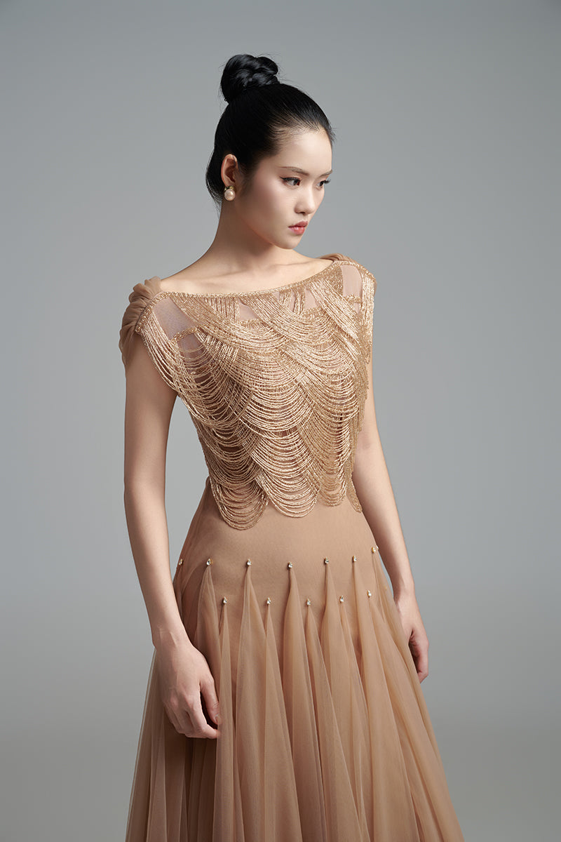 BROWN MESH SILK MAXI DRESS - CULT MIA
