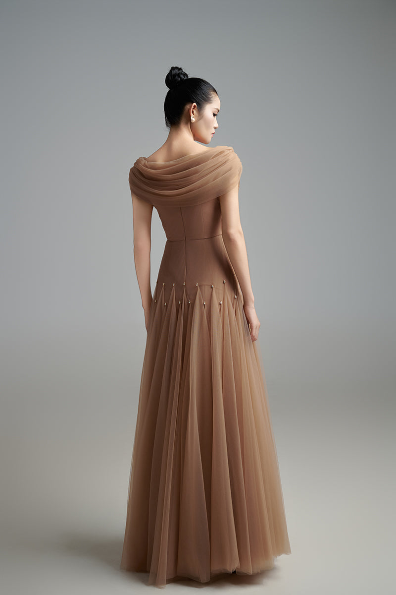 BROWN MESH SILK MAXI DRESS - CULT MIA