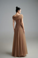 Brown mesh silk gown from Happy Clothing featuring a flowing design and elegant fabric for stylish evening wear.