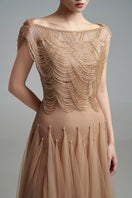 Brown mesh silk gown by Happy Clothing, featuring a flowing design with delicate fabric and elegant fit.