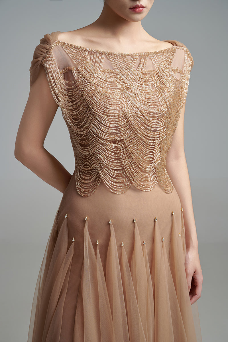 Brown mesh silk gown by Happy Clothing, featuring a flowing design with delicate fabric and elegant fit.