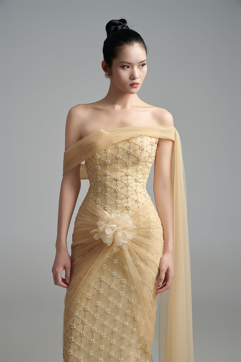 Light tan crystal gown by Happy Clothing, elegant evening dress with intricate crystal embellishments, flowing fabric and flattering fit.