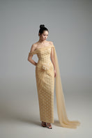 Light tan crystal gown by Happy Clothing, flowing gown with shimmering crystal details and elegant design.