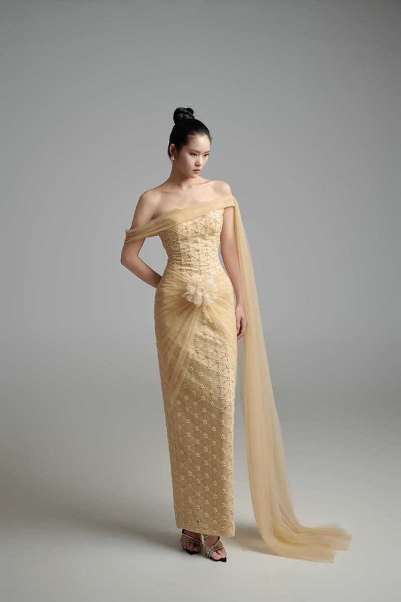 Light tan crystal gown by Happy Clothing, flowing gown with shimmering crystal details and elegant design.