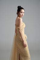 Light tan crystal gown by Happy Clothing featuring elegant design and intricate crystal embellishments, perfect for formal occasions.