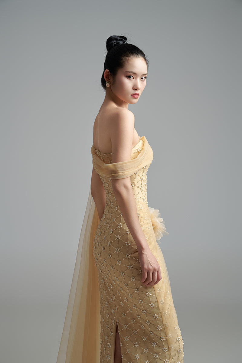 Light tan crystal gown by Happy Clothing featuring elegant design and intricate crystal embellishments, perfect for formal occasions.
