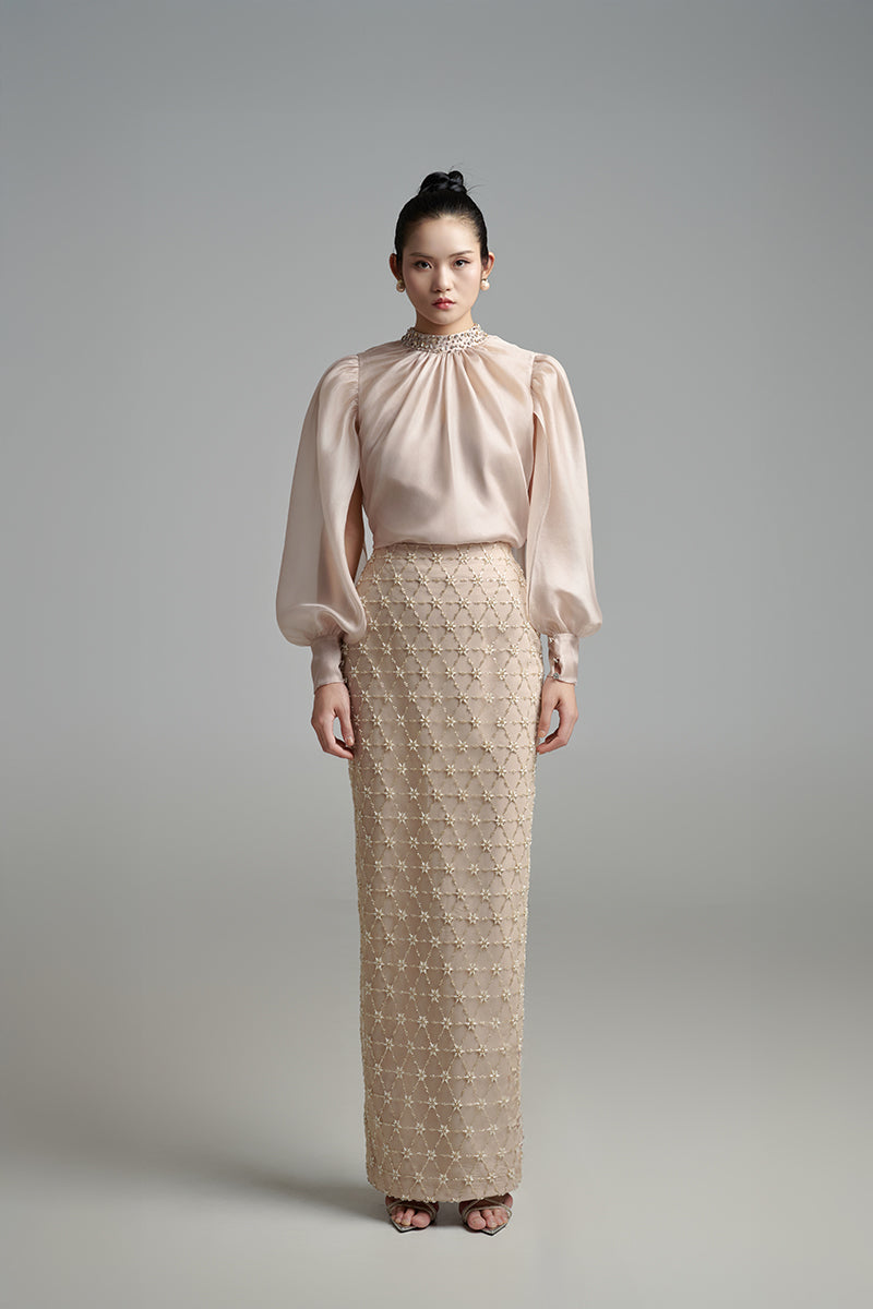 BEIGE LONG-SLEEVE WITH PEARL STONE DETAILS SET