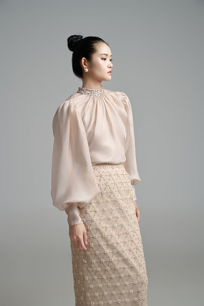 BEIGE LONG-SLEEVE WITH PEARL STONE DETAILS SET - CULT MIA