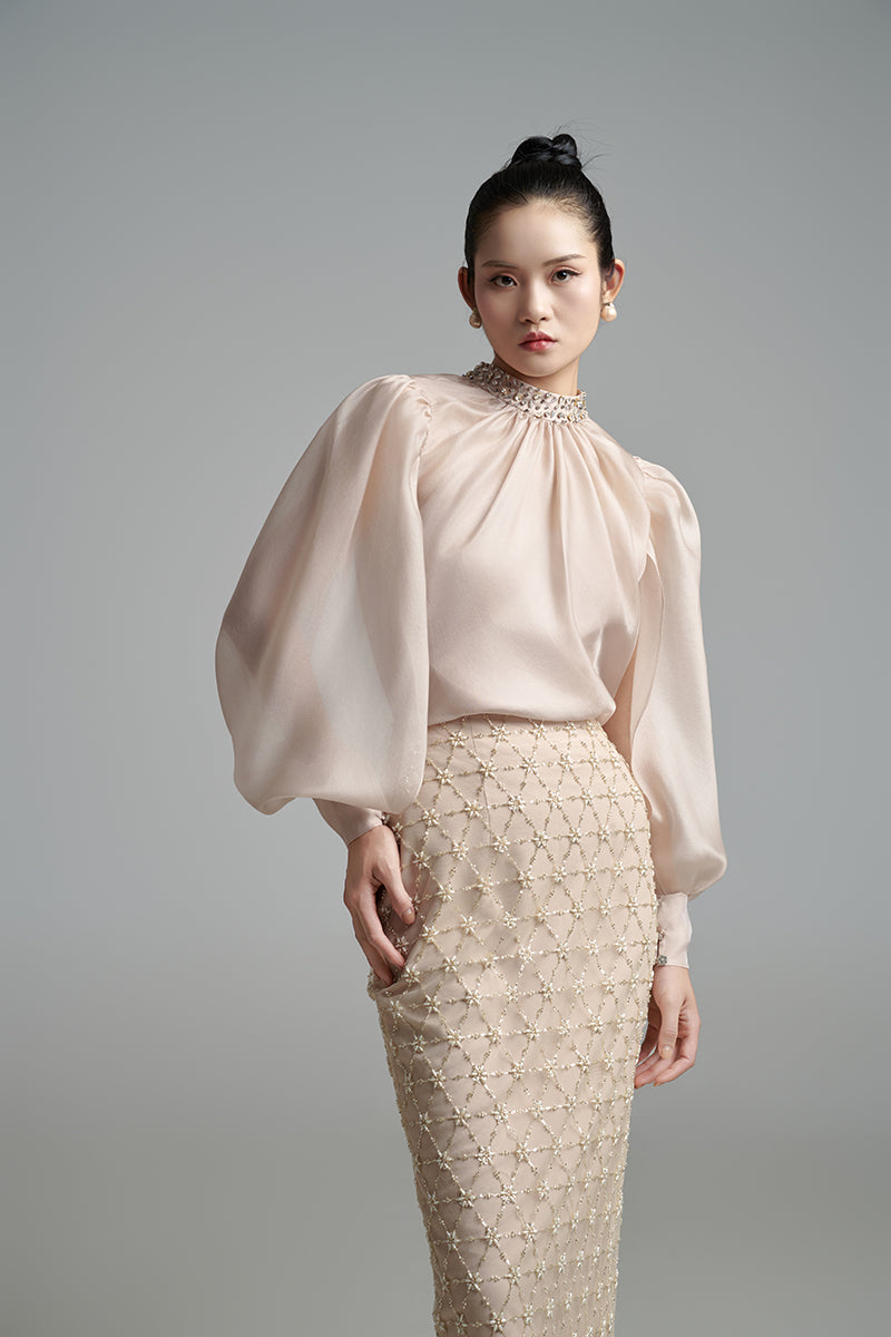 BEIGE LONG-SLEEVE WITH PEARL STONE DETAILS SET - CULT MIA