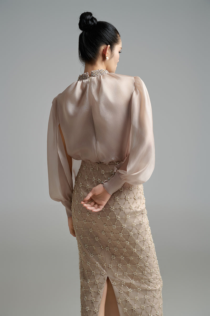 BEIGE LONG-SLEEVE WITH PEARL STONE DETAILS SET - CULT MIA