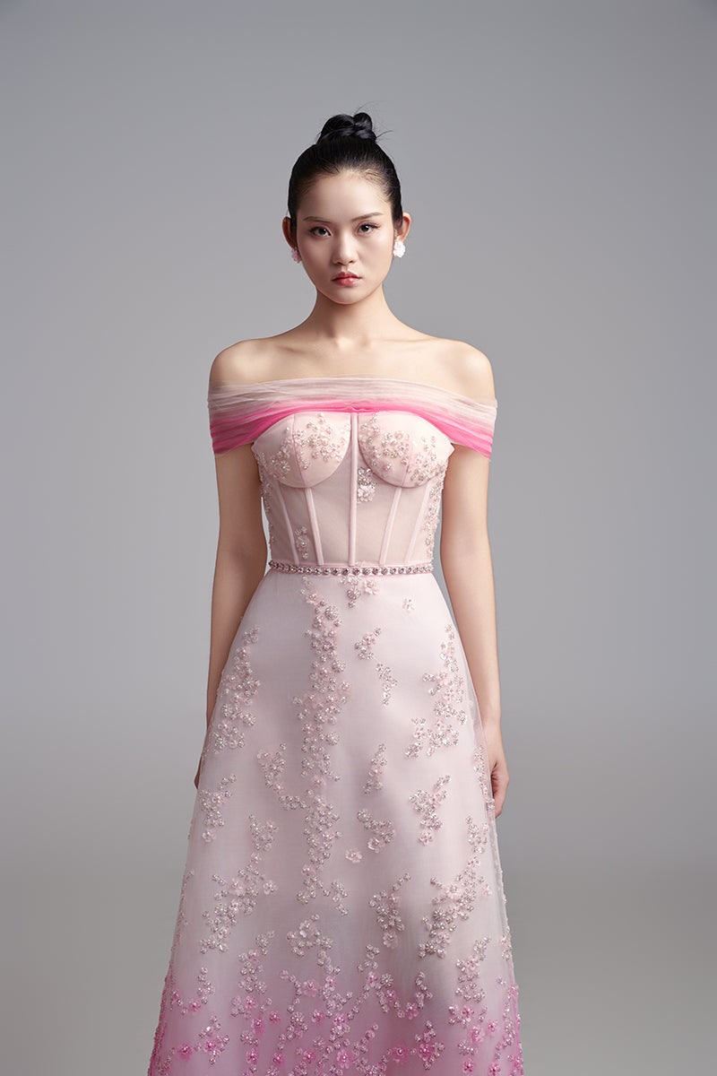 off shoulder pink maxi dress Ella Light Pink Off Shoulder Prom Dress - US 6