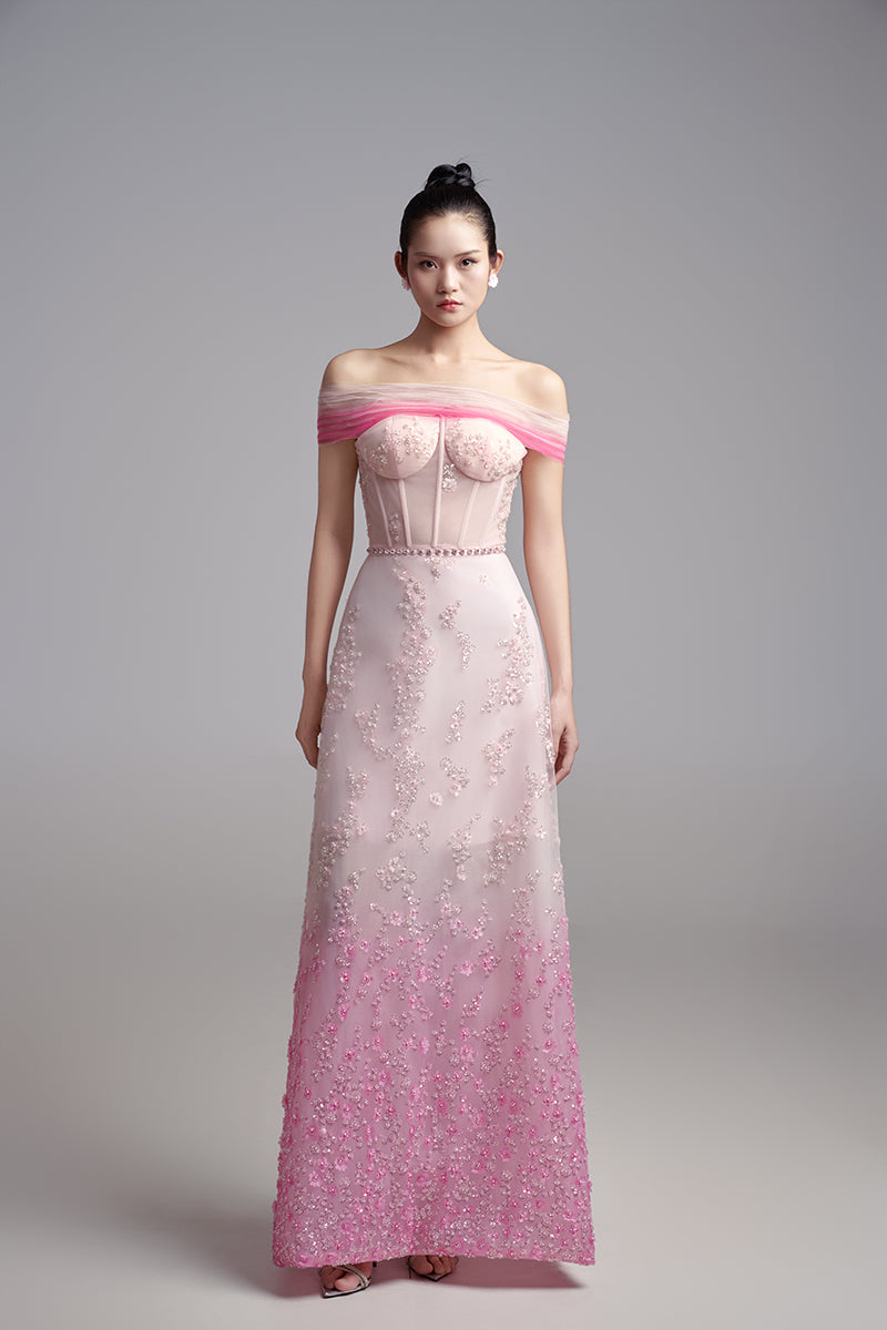 PINK OFF SHOULDER STONE MAXI DRESS