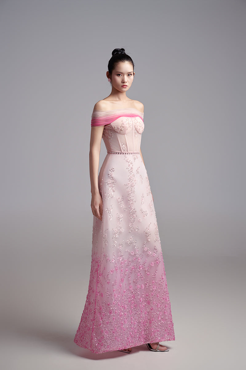 PINK OFF SHOULDER STONE MAXI DRESS - CULT MIA