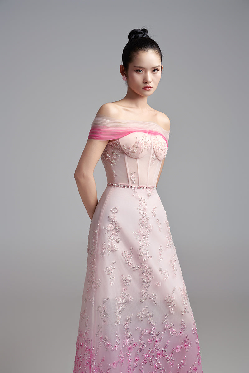 PINK OFF SHOULDER STONE MAXI DRESS - CULT MIA
