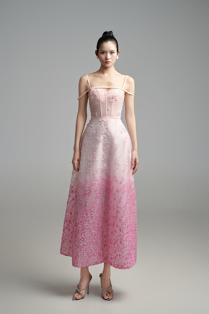 PINK OFF-SHOULDER EMBELLISHED MESH MIDI DRESS