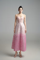 Pink off-shoulder embellished mesh gown by Happy Clothing, featuring intricate detailing and elegant design for formal occasions.