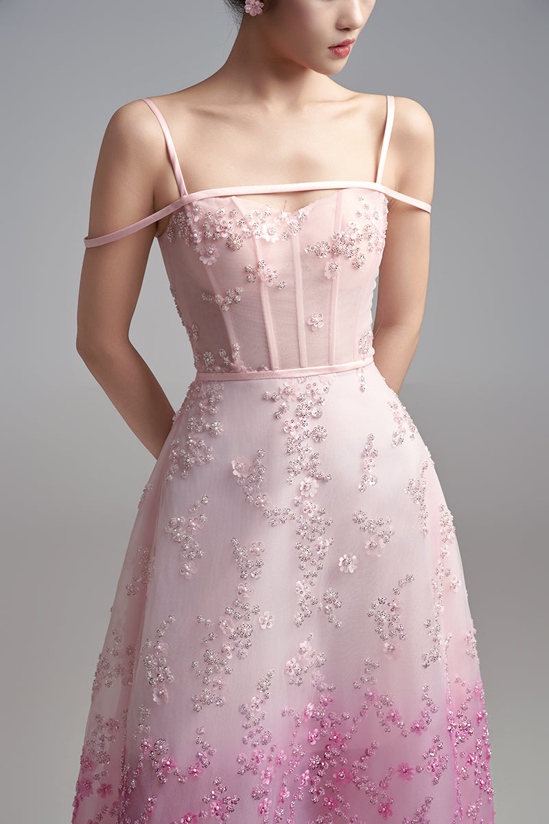 PINK OFF-SHOULDER EMBELLISHED MESH MIDI DRESS - CULT MIA