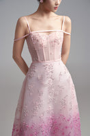 Pink off-shoulder embellished mesh gown by Happy Clothing, flowing design with intricate beadwork and elegant fit.