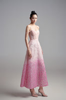 Pink off-shoulder embellished mesh gown by Happy Clothing, flowing design with intricate detailing and elegant fit.