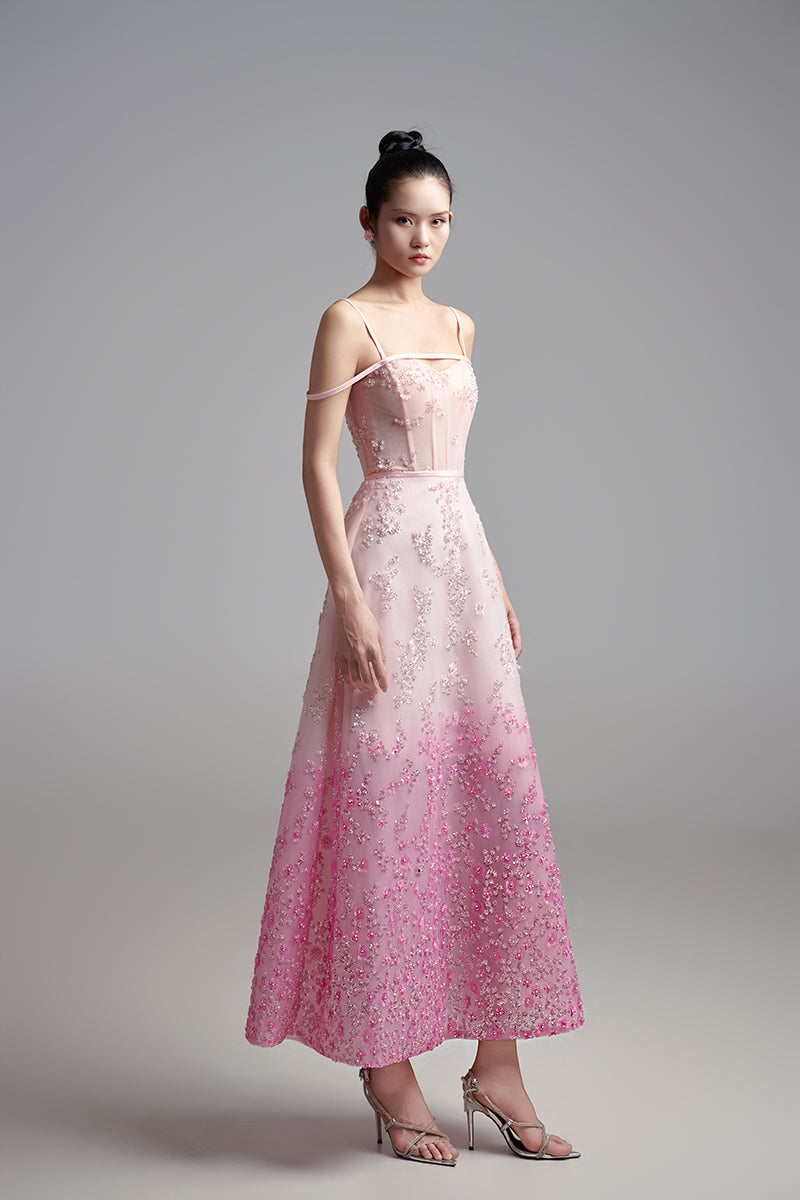 Pink off-shoulder embellished mesh gown by Happy Clothing, flowing design with intricate detailing and elegant fit.