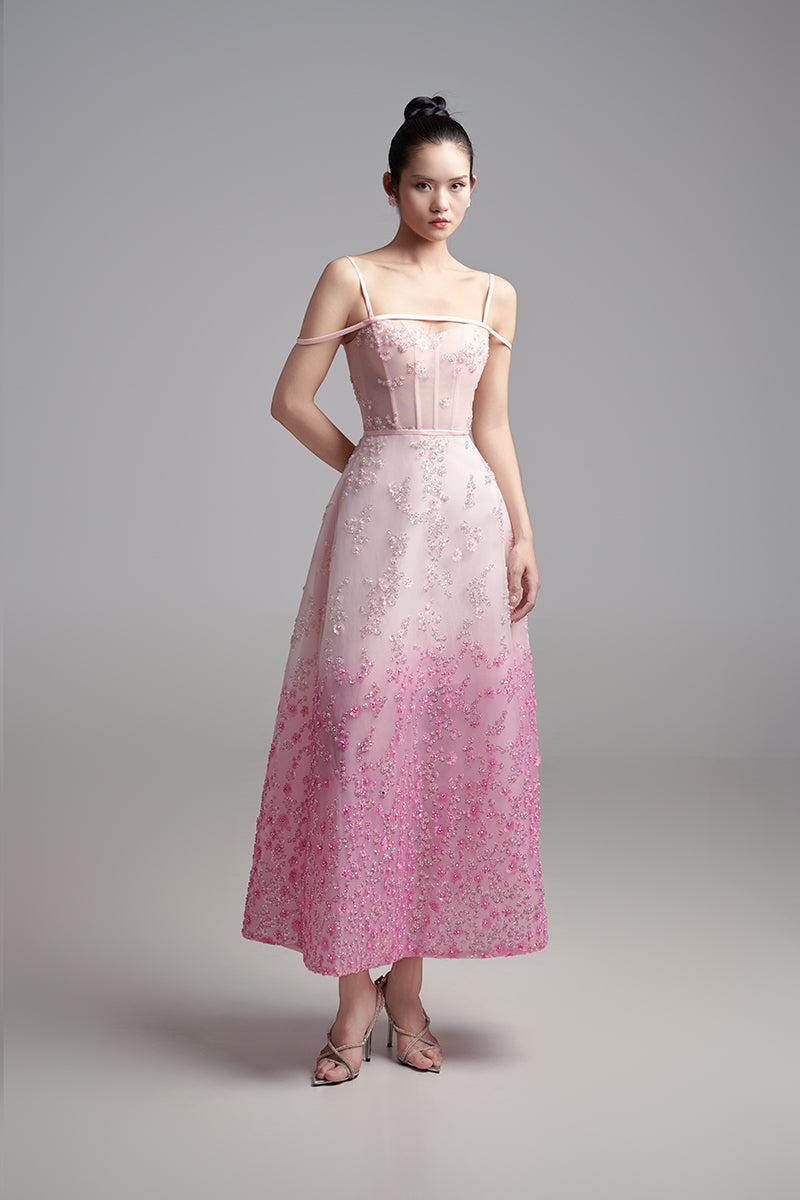 PINK OFF-SHOULDER EMBELLISHED MESH MIDI DRESS - CULT MIA