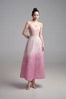 Pink off-shoulder embellished mesh gown by Happy Clothing, elegant evening dress with intricate beadwork and flowing fabric.