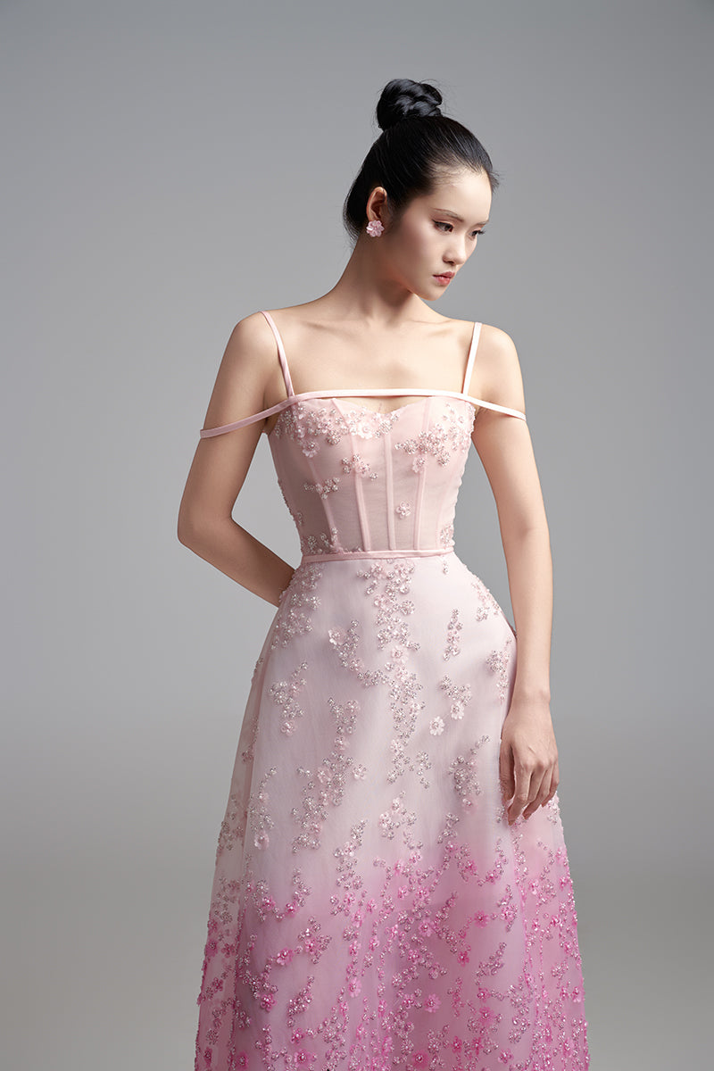 PINK OFF-SHOULDER EMBELLISHED MESH MIDI DRESS - CULT MIA