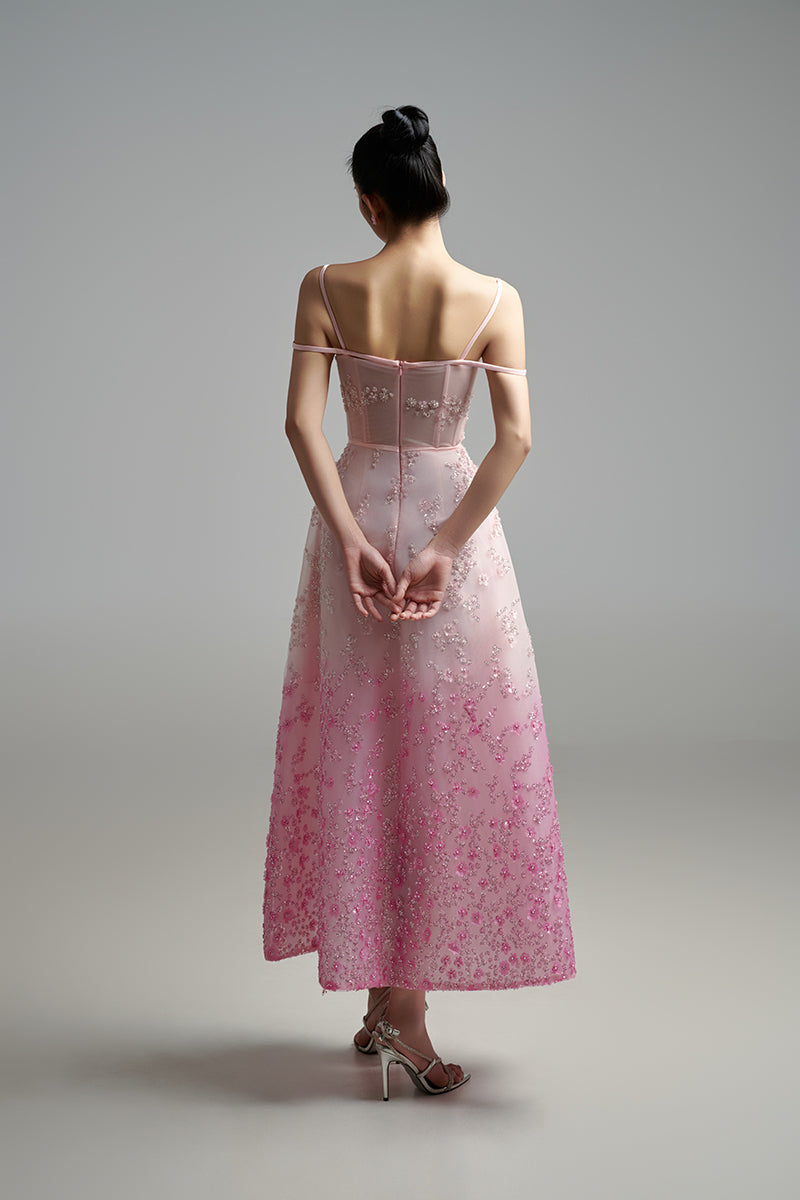 PINK OFF-SHOULDER EMBELLISHED MESH MIDI DRESS - CULT MIA